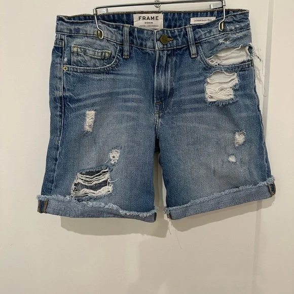 Frame Le Grand Garçon Denim Blue Distressed Jean Shorts - Picture 1 of 4